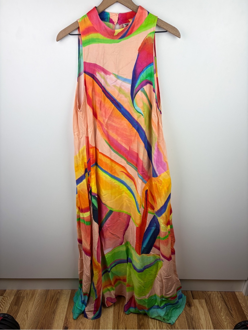 Farm Rio Halter Maxi Dress Leaf Orange Tropical Resort Aloha Anthropologie XL - Picture 2 of 7